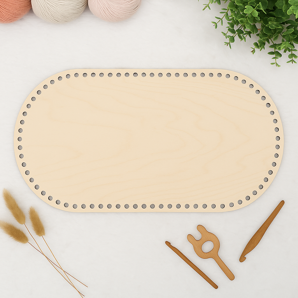 A 75cm x 40cm oval wooden crochet base with evenly spaced holes, designed to fit YarnTh3ory crochet bassinet and Moses basket patterns.