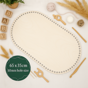 A 65cm x 35cm oval wooden crochet base with evenly spaced holes around the edge, used for making crochet baskets and home décor.